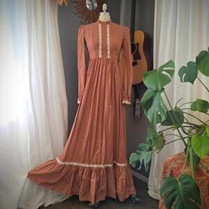 Homespun Vintage 70s Prairie Maxi Dress Size 7 S Floral Calico Orange Boho